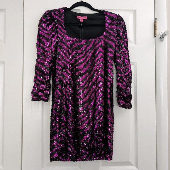 Betsey Johnson Dresses & Skirts - Betsey Johnson Fuchsia Black Striped Sequin Mini Dress NWT Small